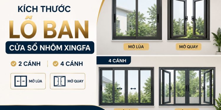 Kích thước lỗ ban cửa sổ nhôm Xingfa 2 cánh 4 cánh chuẩn phong thủy rước tài lộc