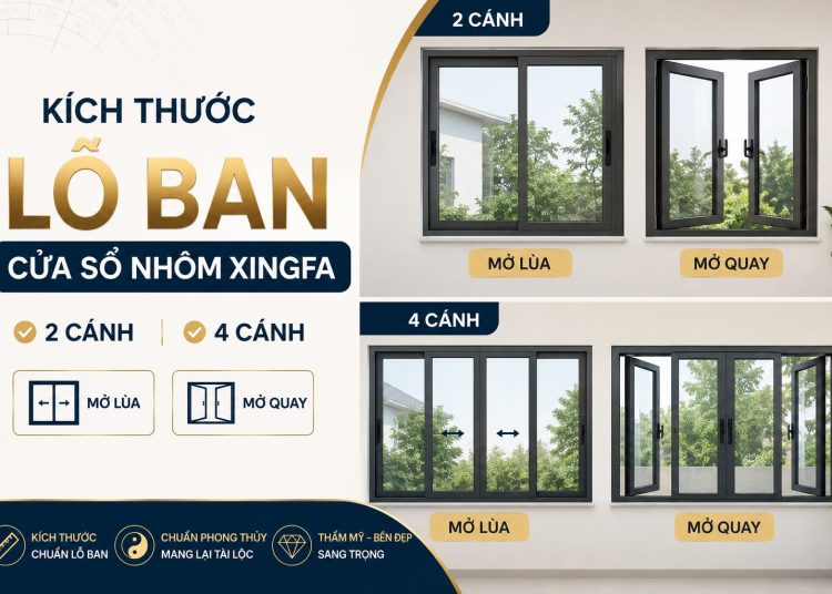 Kích thước lỗ ban cửa sổ nhôm Xingfa 2 cánh 4 cánh chuẩn phong thủy rước tài lộc